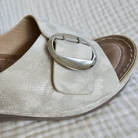 Wedge Mule Sandals, Open Toe with Buckles in Ivory, Size 8 Medium - Picture 9 of 16